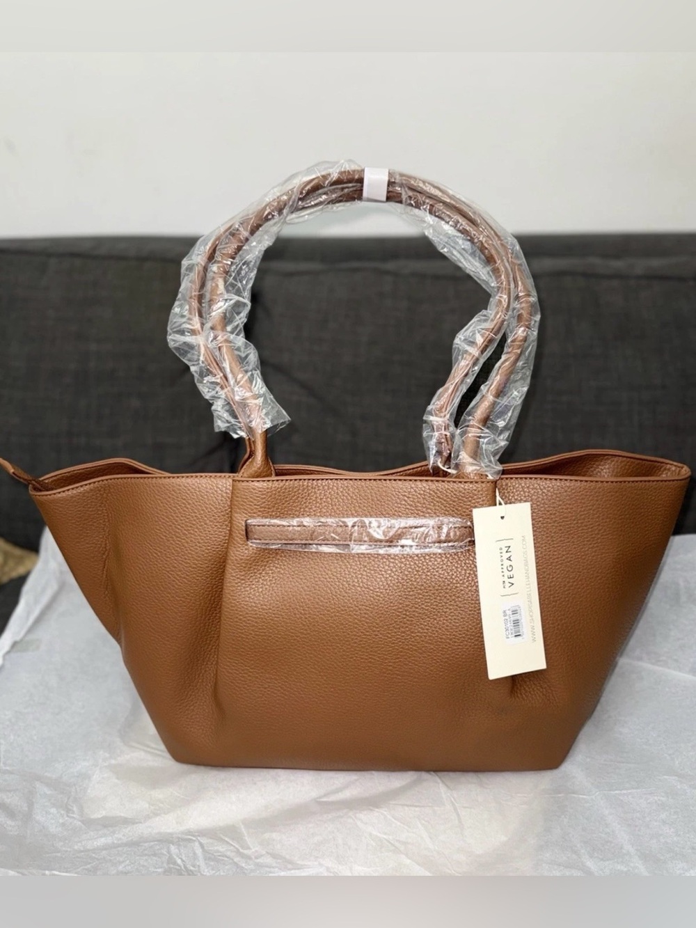 ELLO Large Capacity Tote Bag Brown Grained Vegan Leather Handbag Gold Hardware